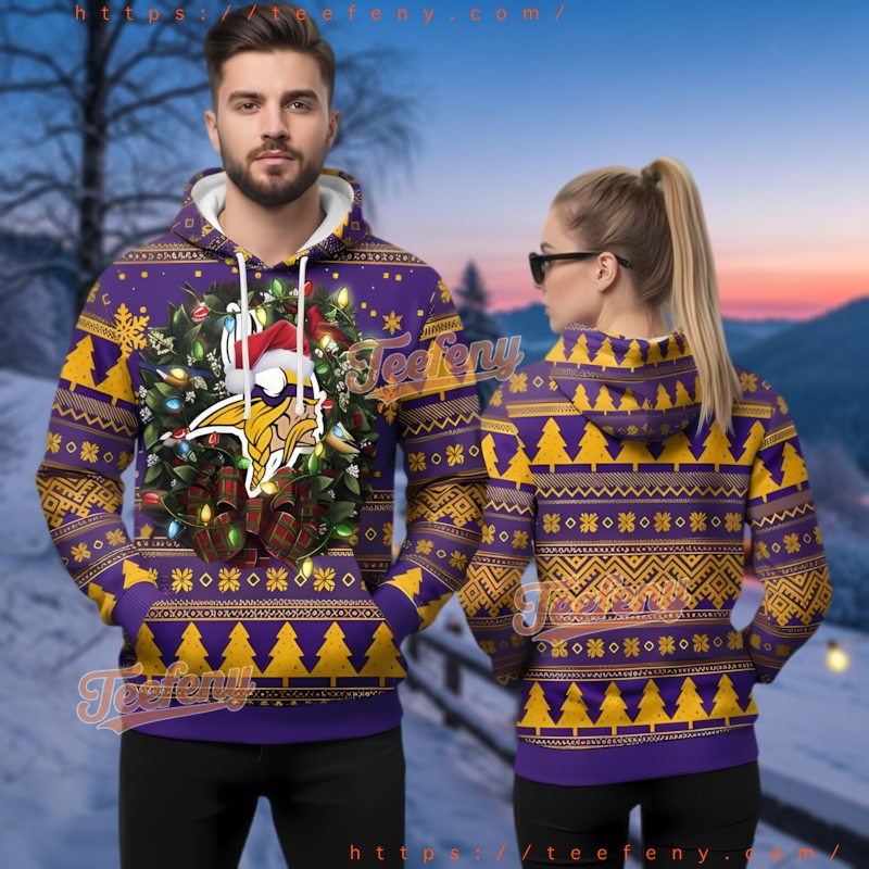Minnesota Vikings Merry Christmas Wreath 3D Ugly Hoodie