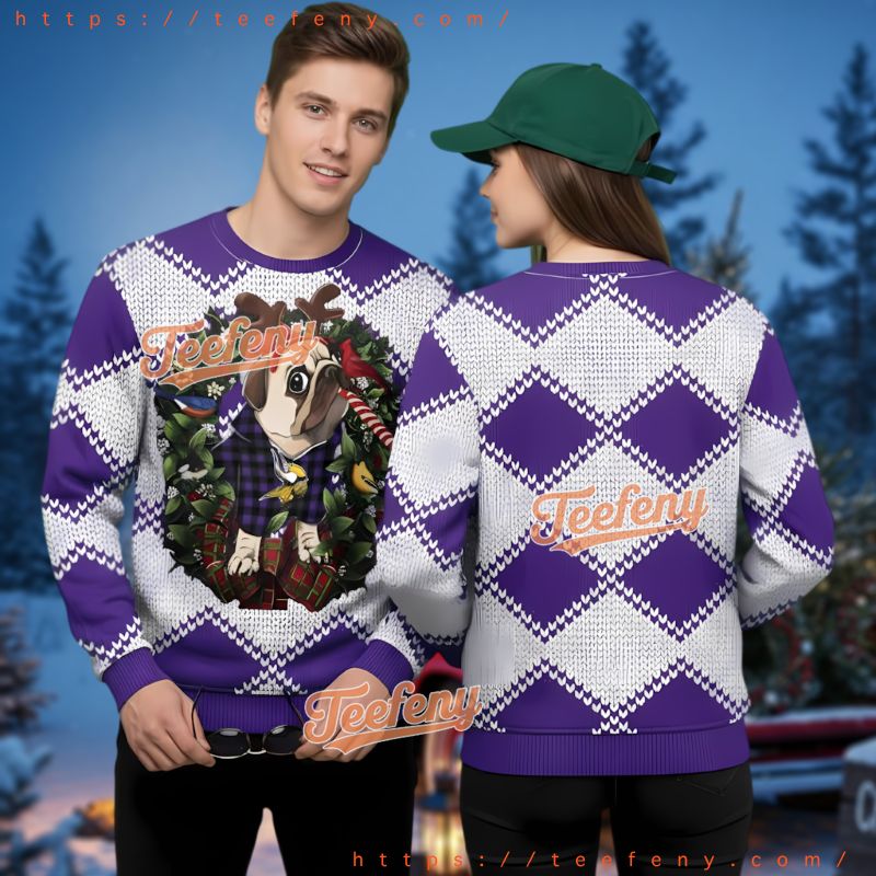 Minnesota Vikings Pug Dog Reindeer Ugly Christmas Sweater Argyle