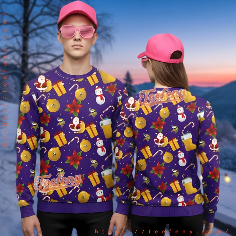 Minnesota Vikings Santa Snowman Pattern Ugly Christmas Sweater 3D