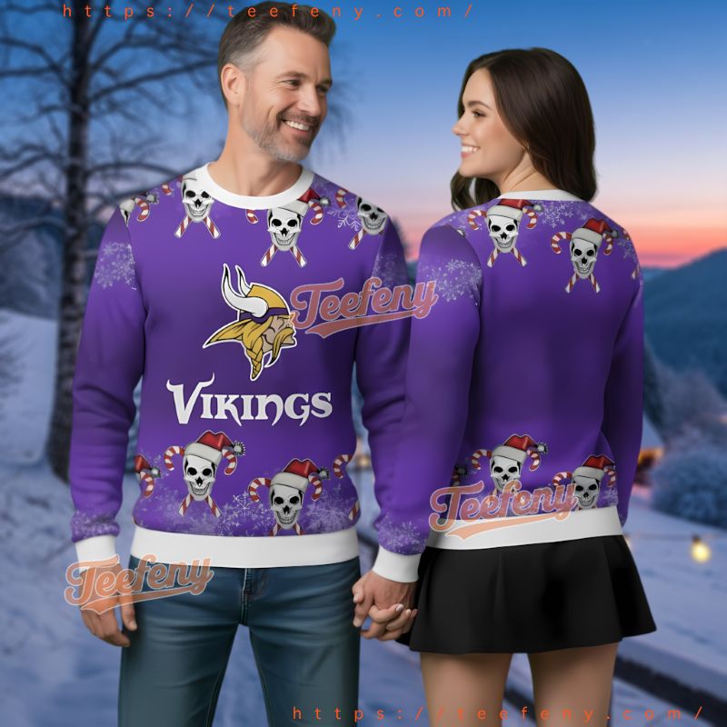 Minnesota Vikings Skull Candy Cane Ugly Christmas Sweater Purple
