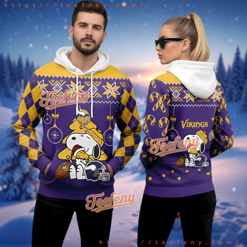 Minnesota Vikings Snoopy Christmas Tree Ugly Christmas Hoodie 3D Minnesota Vikings Snoopy Christmas Tree Ugly Christmas Hoodie 3D
