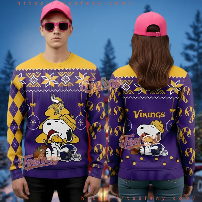 Minnesota Vikings Snoopy Woodstock Ugly Christmas Sweater Purple