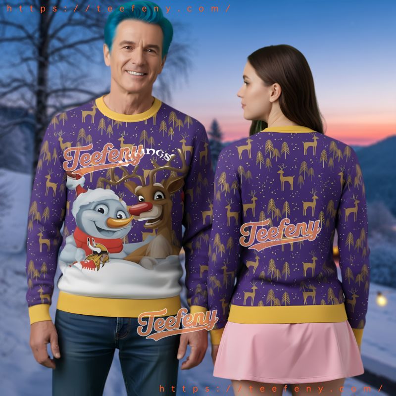 Minnesota Vikings Snowman And Reindeer Ugly Christmas Sweater