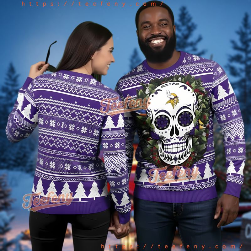 Minnesota Vikings Sugar Skull Ugly Christmas Sweater Purple White