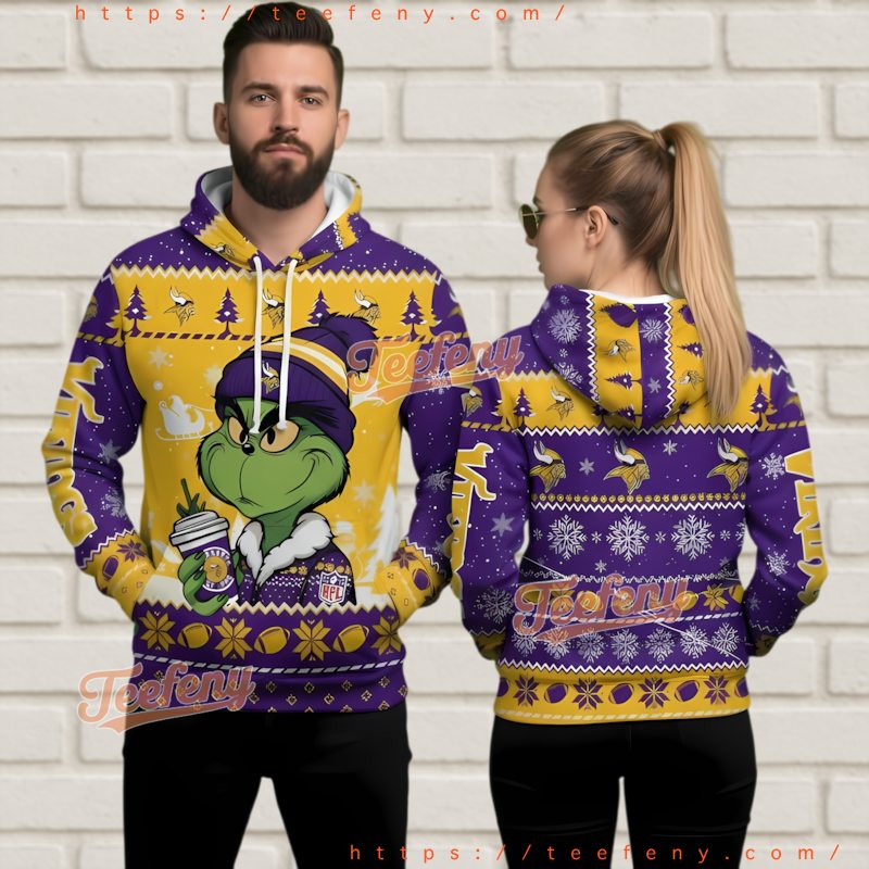 Minnesota Vikings Yellow Purple Grinch Ugly Christmas Hoodie 3D Minnesota Vikings Yellow Purple Grinch Ugly Christmas Hoodie 3D