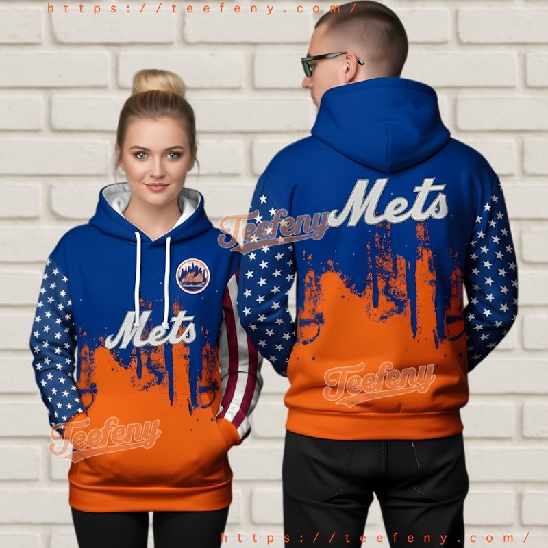 New York Mets American Flag 3D Hoodie Blue Orange Grunge Style