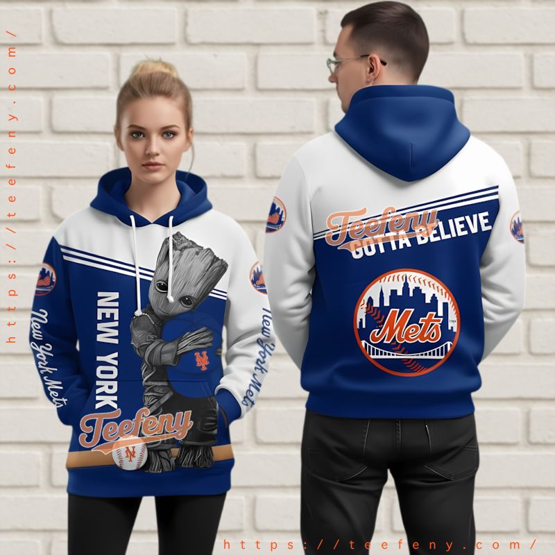 New York Mets Baby Groot 3D Hoodie Blue Baseball Gift