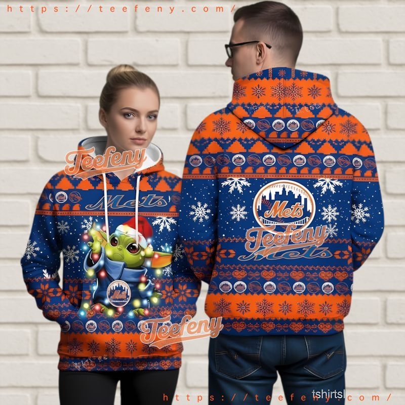 New York Mets Baby Yoda Xmas Lights Ugly 3D Hoodie