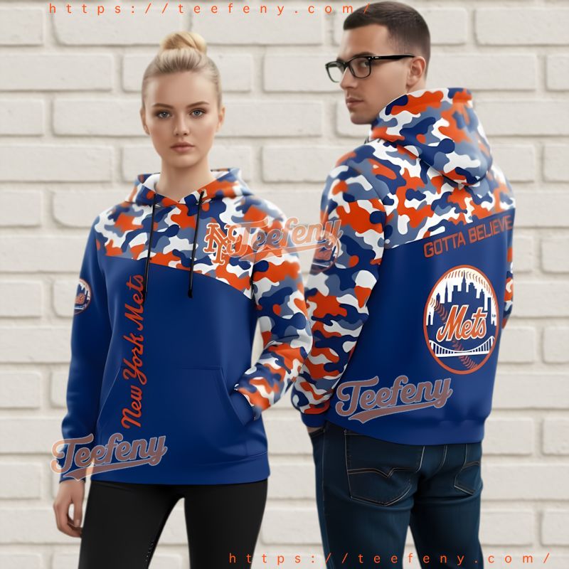 New York Mets Camo Theme 3D Hoodie Blue Orange Graphic