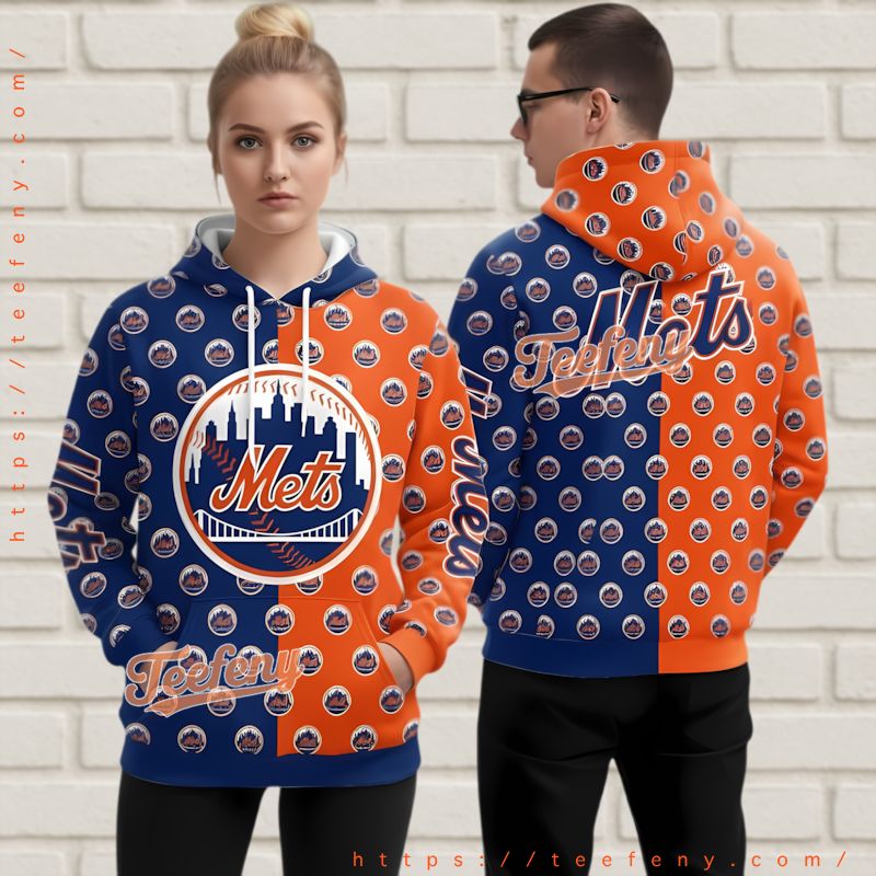 New York Mets City Logo 3D Hoodie Split Blue Orange