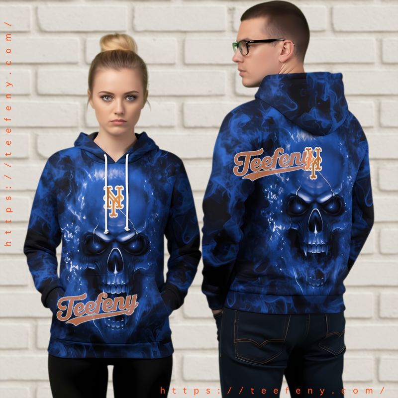 New York Mets Fire Skull 3D Hoodie All Over Print Blue