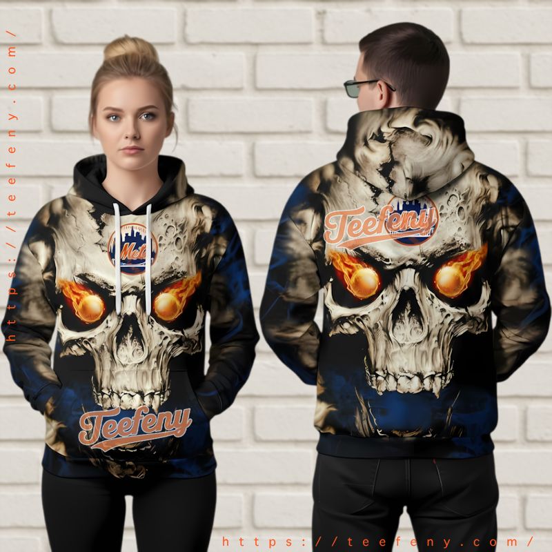 New York Mets Fire Skull 3D Hoodie Blue Smoke All Over Print