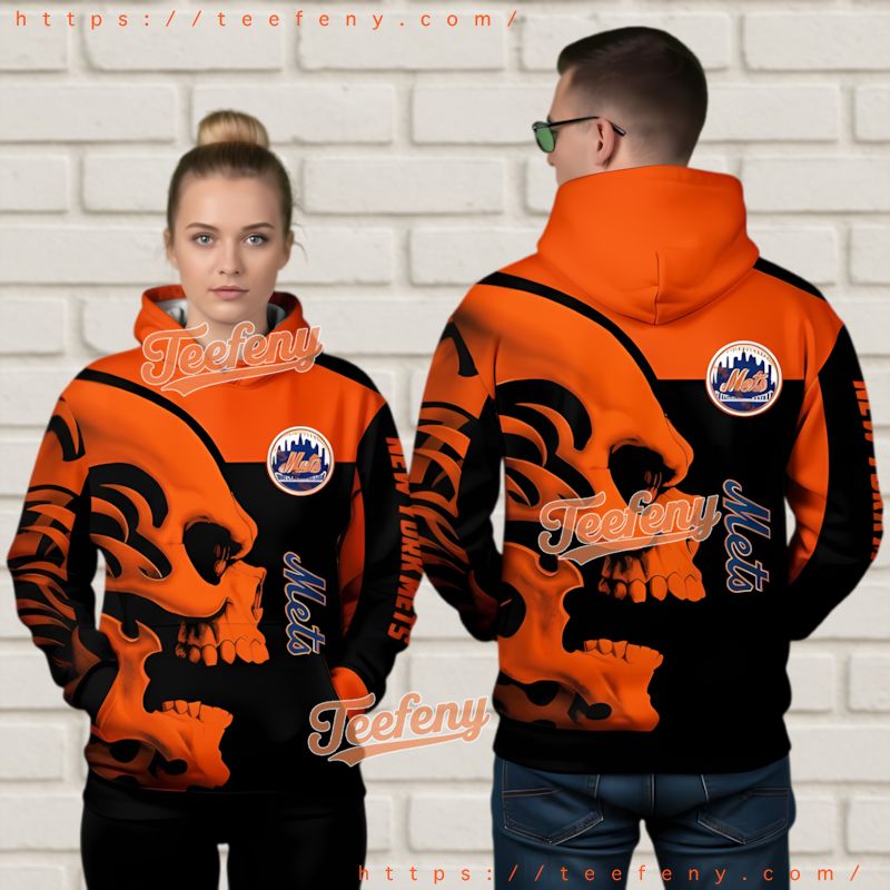 New York Mets Flame Skull 3D Hoodie Orange Black Official Team