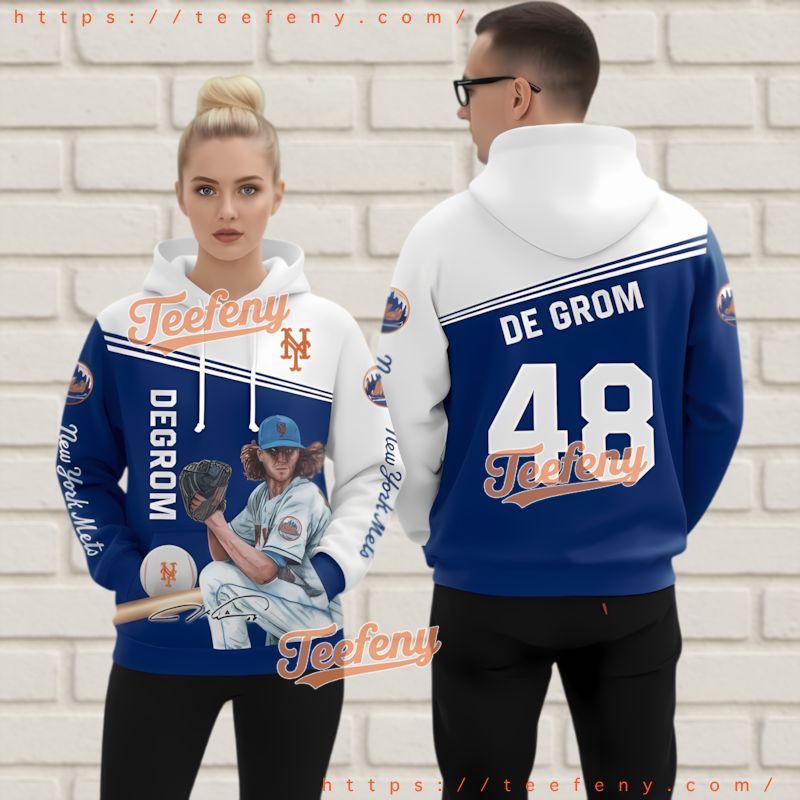 New York Mets Jacob Degrom 3D Hoodie Player 48 Blue White