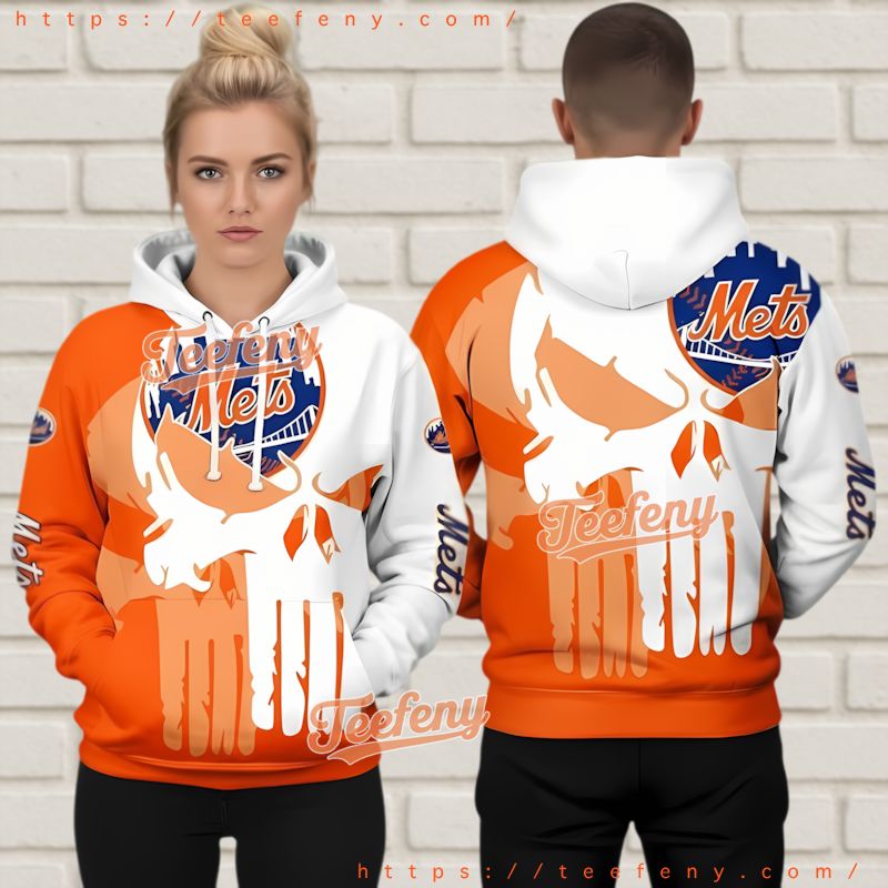 New York Mets Punisher Skull 3D Hoodie Orange White Baseball