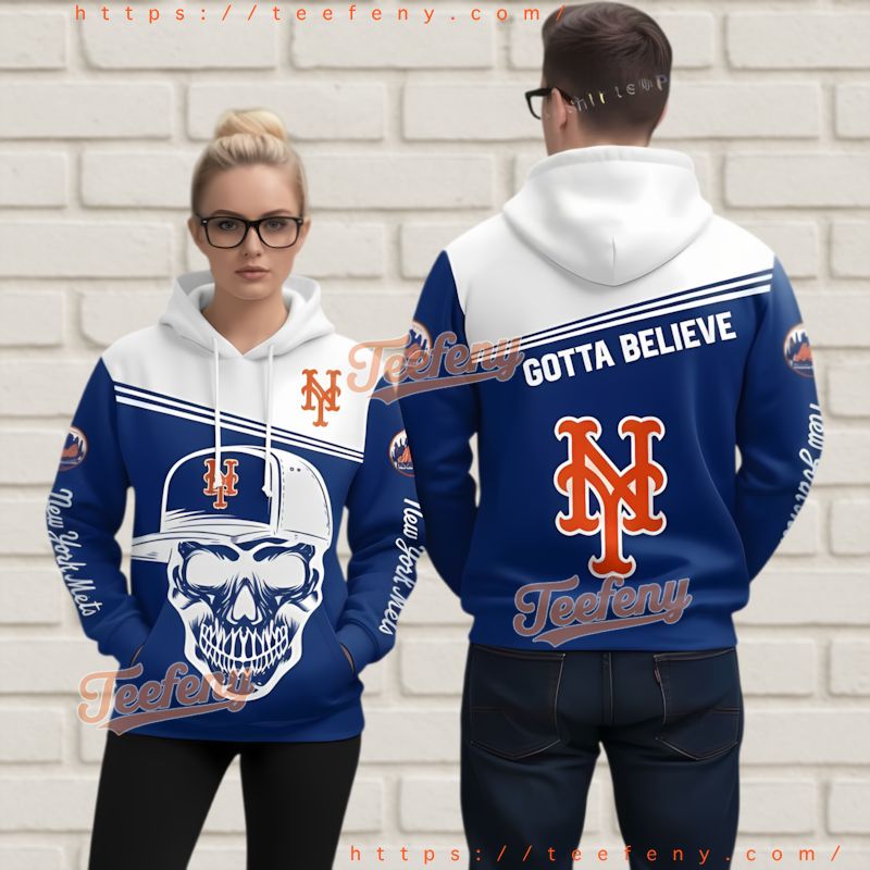 New York Mets Skull Cap 3D Hoodie White Blue