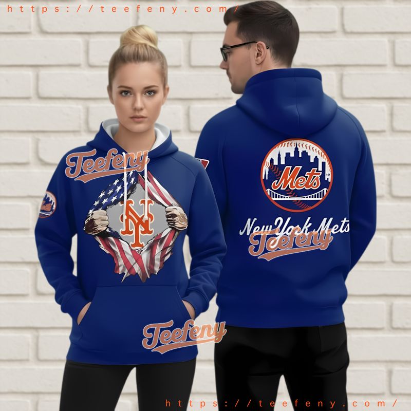 New York Mets Us Flag Ripped 3D Pullover Hoodie Blue Red