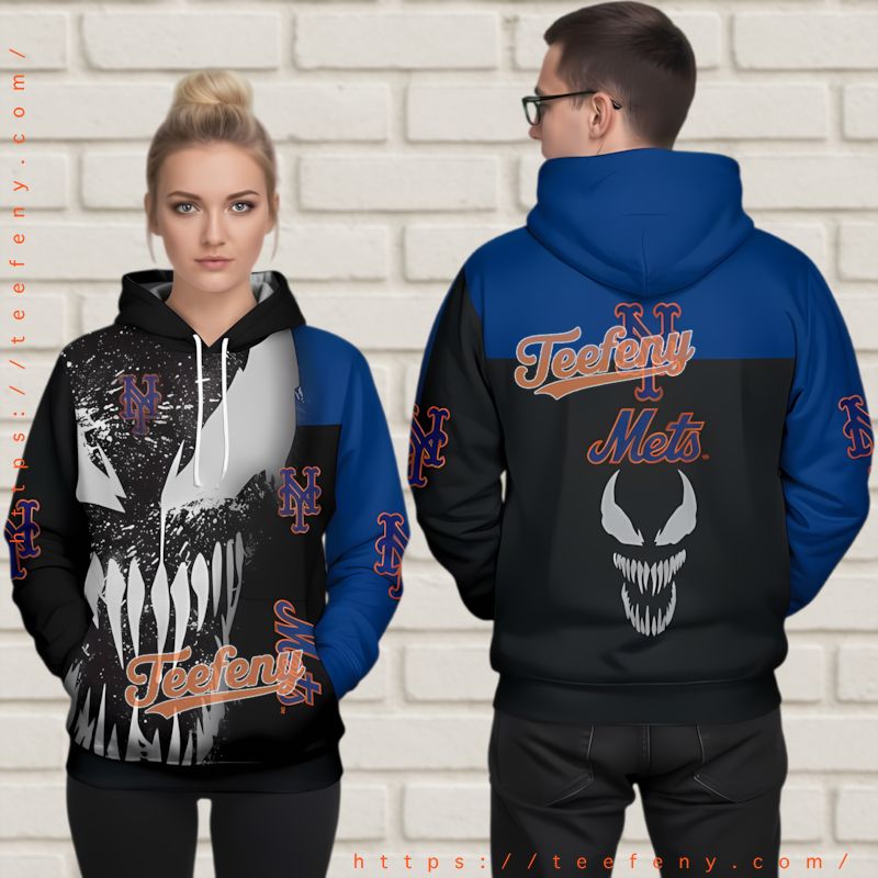 New York Mets Venom Face 3D Hoodie Black Blue Baseball Apparel