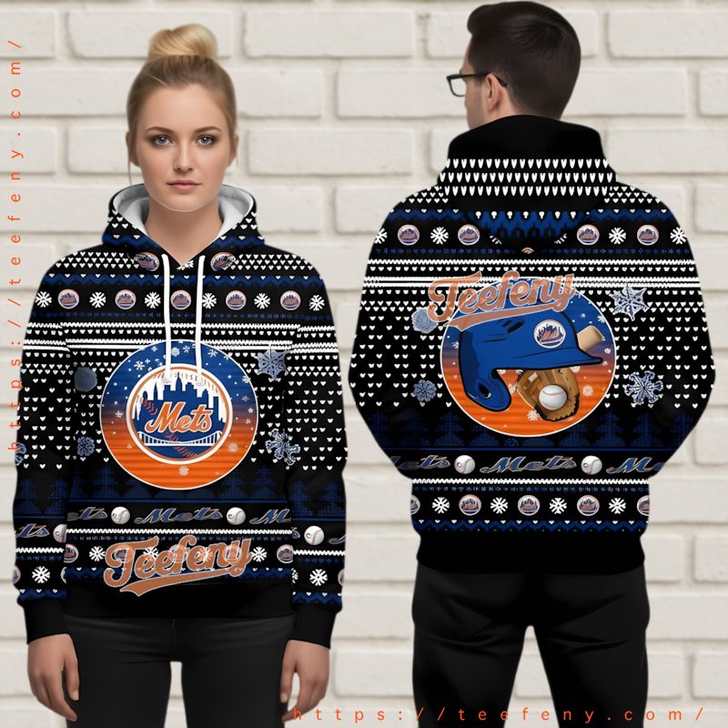 New York Mets Winter Ugly Christmas 3D Hoodie Black Blue