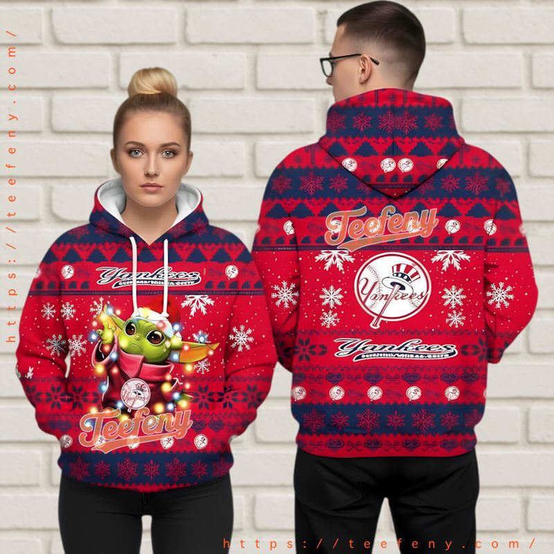 New York Yankees Baby Yoda Ugly Christmas Pattern 3D Hoodie Red