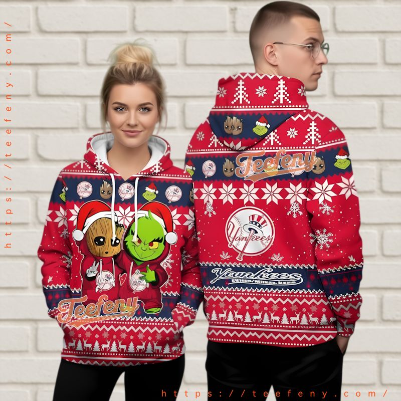 New York Yankees Grogu Grinch Ugly Christmas 3D Hoodie Blue Red