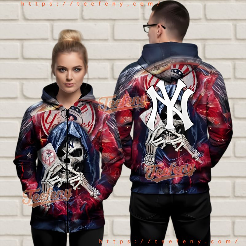 New York Yankees Skull 3D Hoodie Death Card Mens Womens