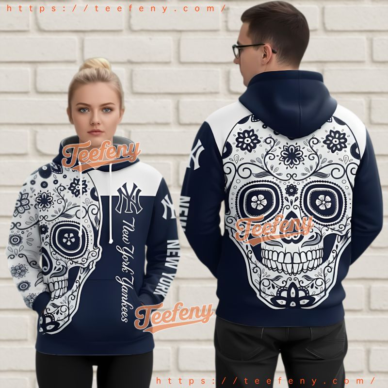 New York Yankees Sugar Skull 3D Hoodie Navy White Floral Design
