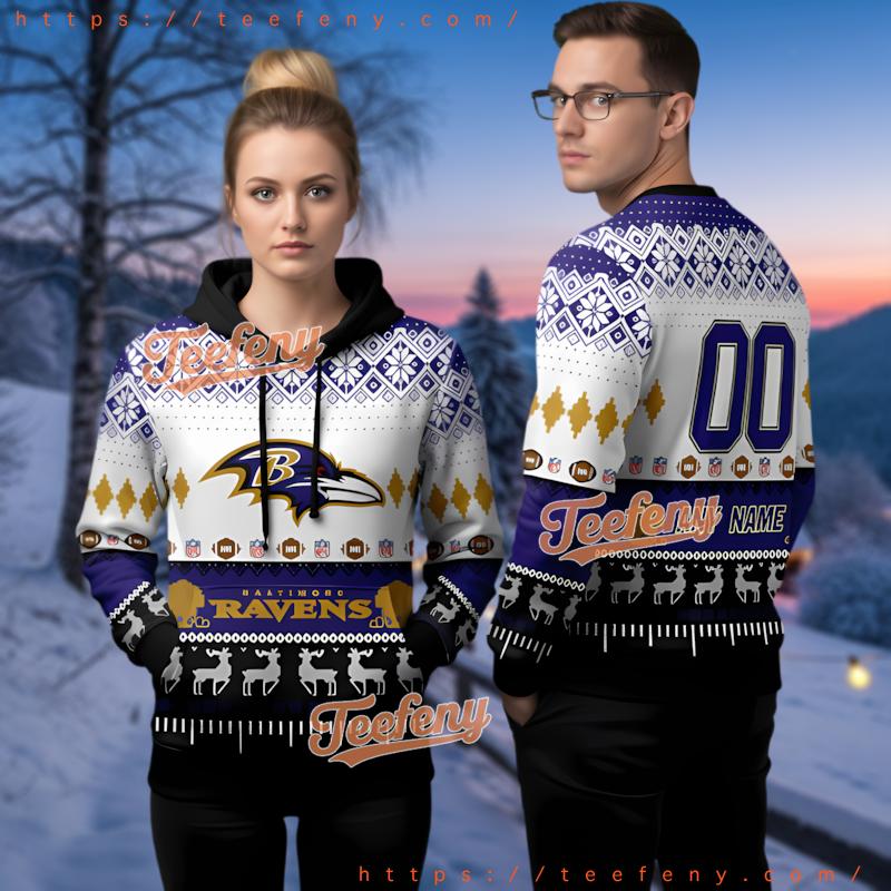 Personalized Baltimore Ravens Reindeer Pattern Ugly Christmas 3D Hoodie