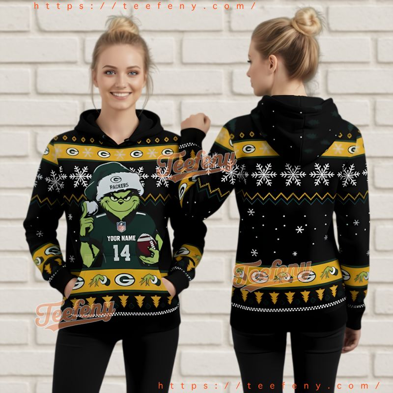 Personalized Green Bay Packers Grinch And Snowflake Ugly 3D Hoodie Personalized Green Bay Packers Grinch And Snowflake Ugly 3D Hoodie