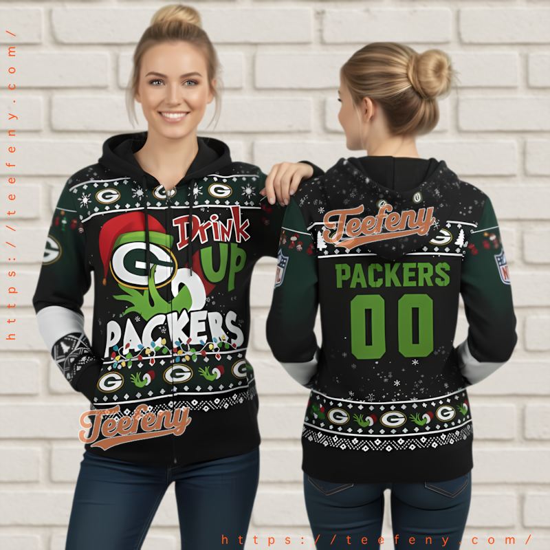 Personalized Green Bay Packers Grinch Drink Up Ugly 3D Hoodie Design Personalized Green Bay Packers Grinch Drink Up Ugly 3D Hoodie Design