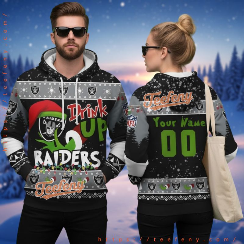 Personalized Las Vegas Raiders Ugly 3D Hoodie Grinch Drink Up Personalized Las Vegas Raiders Ugly 3D Hoodie Grinch Drink Up