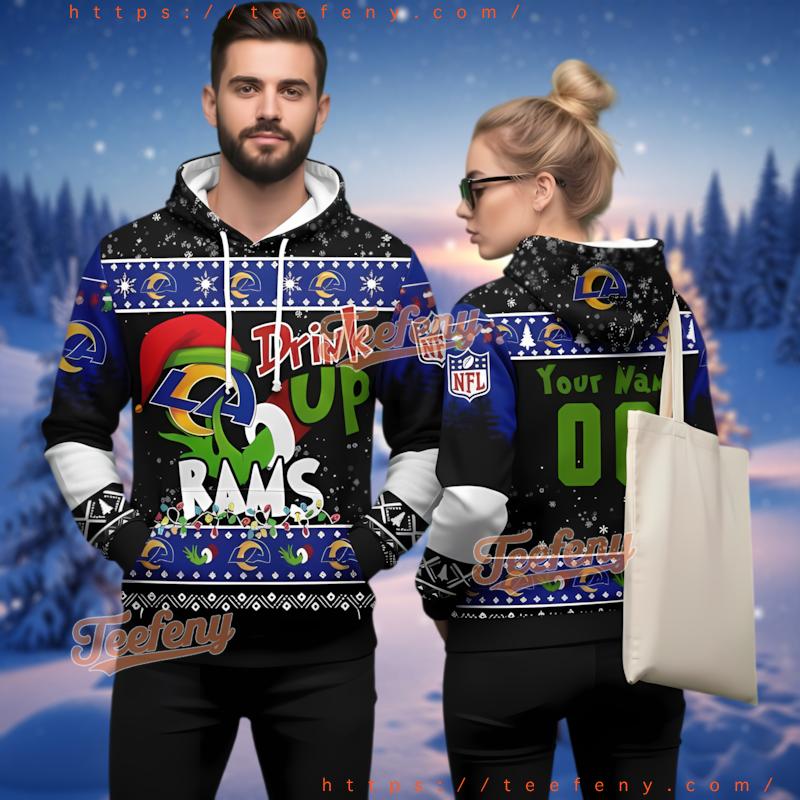 Personalized Los Angeles Rams Grinch Drink Up Ugly Christmas 3D Hoodie Personalized Los Angeles Rams Grinch Drink Up Ugly Christmas 3D Hoodie