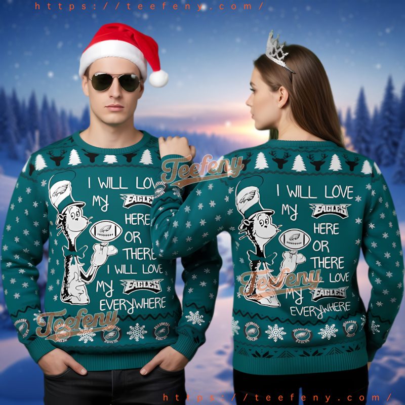 Philadelphia Eagles Cat In The Hat Ugly Christmas Sweater Dr Seuss Fan