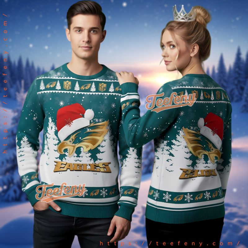 Philadelphia Eagles Gold Logo Ugly Christmas Sweater Snow Scene