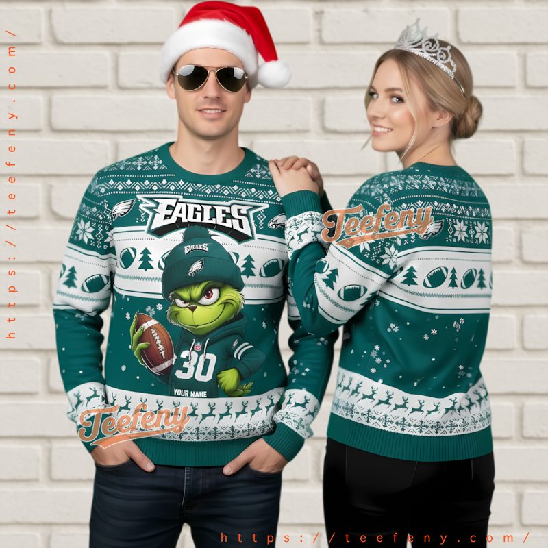Philadelphia Eagles Grinch Custom Name Ugly Christmas Sweater