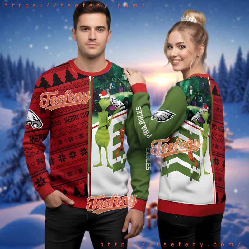 Philadelphia Eagles Grinch Split Design Ugly Christmas Sweater Fan