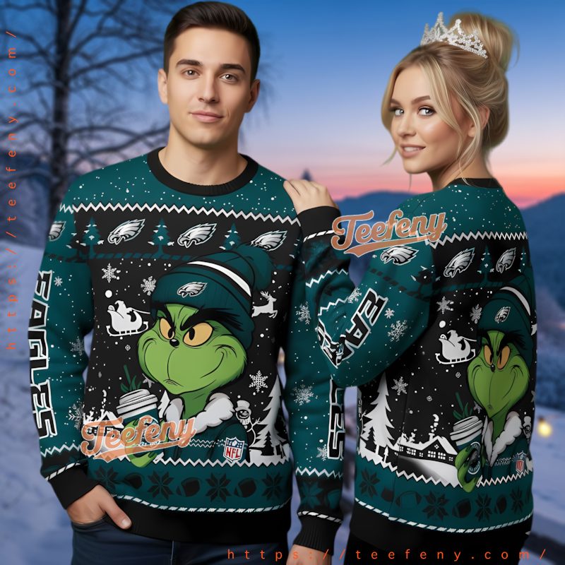 Philadelphia Eagles Grinch Stealing Coffee Ugly Christmas Sweater