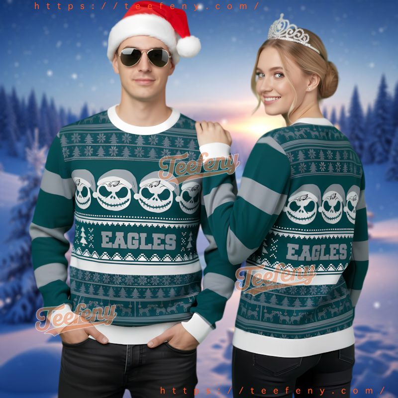 Philadelphia Eagles Jack Skellington Style Ugly Christmas Sweater