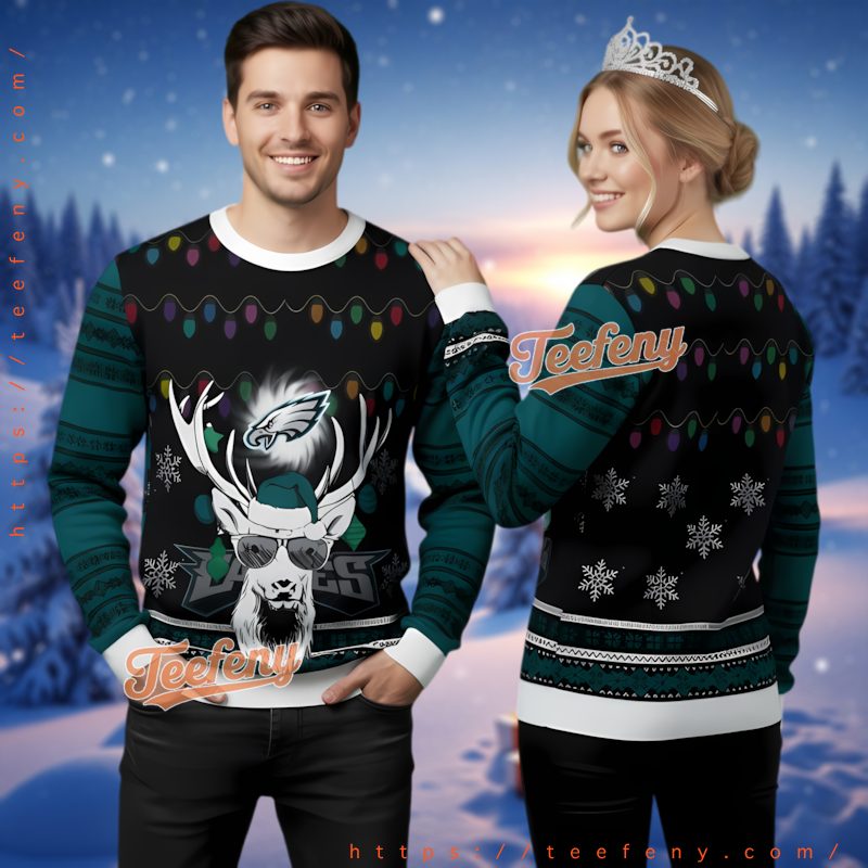 Philadelphia Eagles Reindeer Santa Hat Ugly Christmas Sweater Light