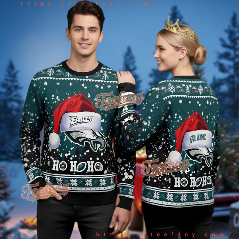 Philadelphia Eagles Santa Hat Ho Ho Ho Ugly Christmas Sweater