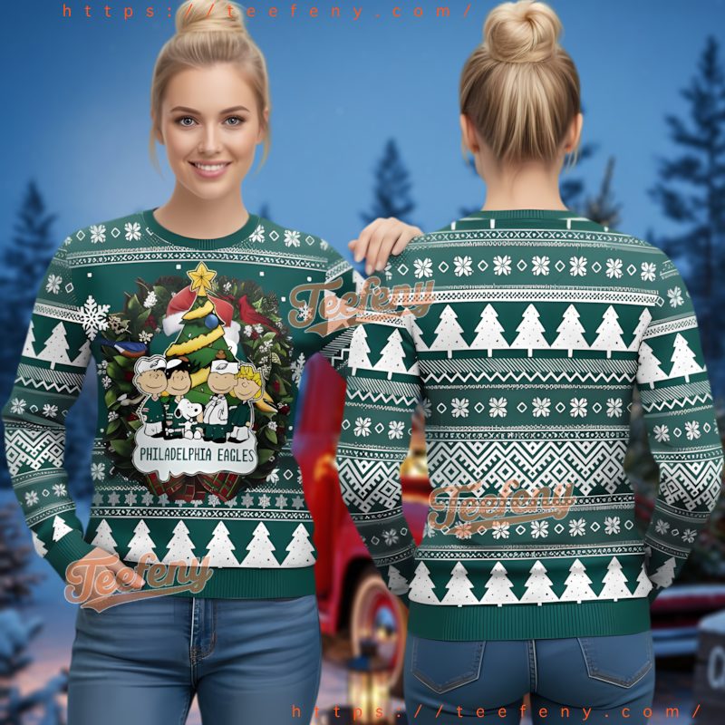 Philadelphia Eagles Snoopy Peanuts Gang Christmas Wreath Ugly Sweater