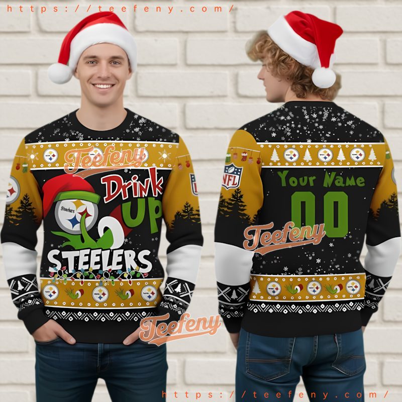 Pittsburgh Steelers Grinch Drink Up Ugly Christmas Sweater Custom Name