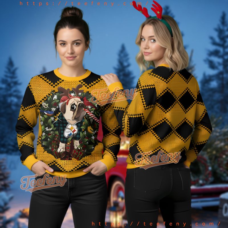 Pittsburgh Steelers Pug Dog Ugly Christmas Sweater Reindeer