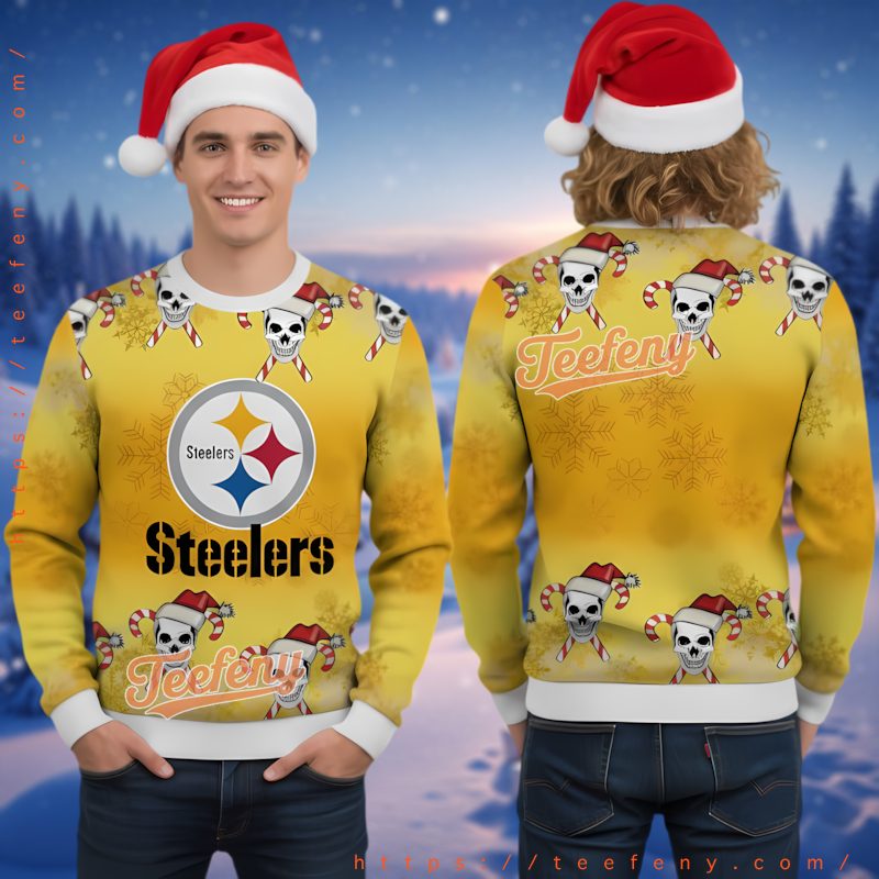 Pittsburgh Steelers Skull Candy Cane Ugly Christmas Sweater