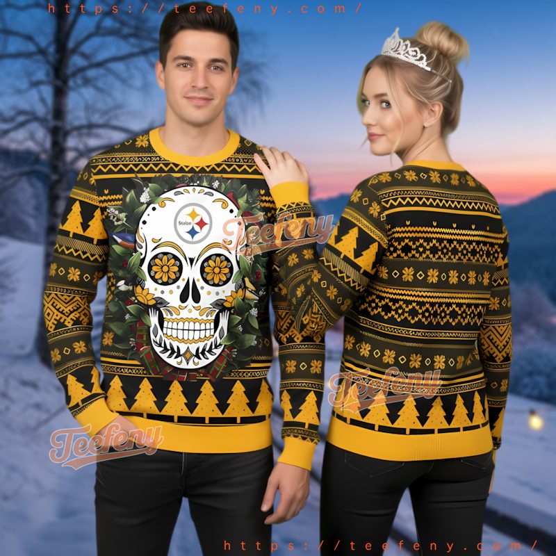 Pittsburgh Steelers Skull Flower Ugly Christmas Sweater Alternative