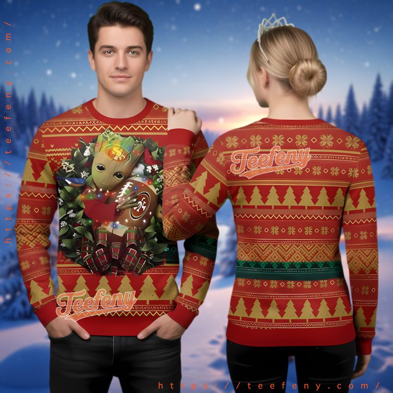 San Francisco 49Ers Baby Groot Christmas Wreath Ugly Sweater