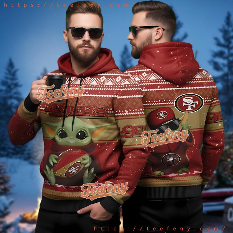 San Francisco 49Ers Cute Baby Yoda Holding Football 3D Hoodie