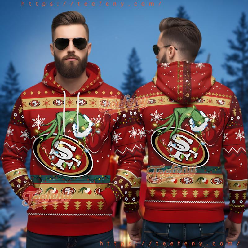 San Francisco 49Ers Grinch Hand Holding Logo Ugly Christmas Hoodie 3D