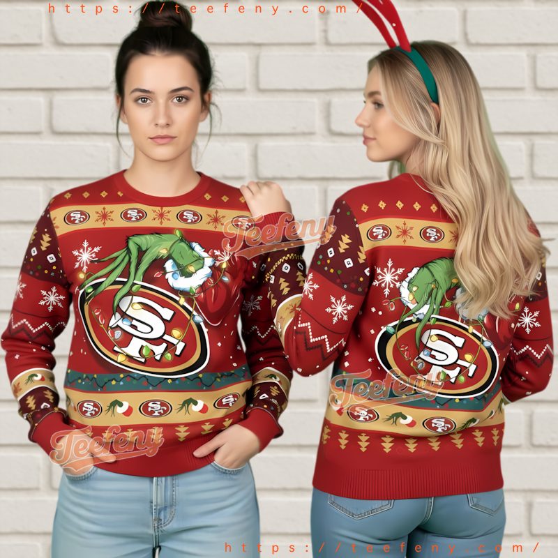 San Francisco 49Ers Grinch Hand Light Red Ugly Christmas Sweater