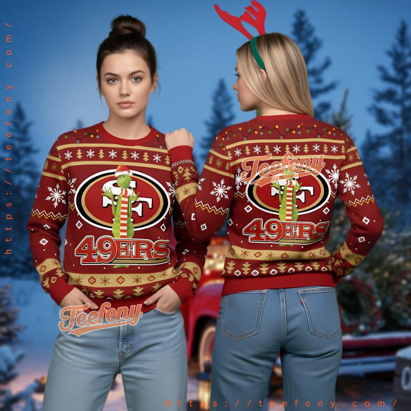 San Francisco 49Ers Grinch Santa Hat Ugly Christmas Sweater Red